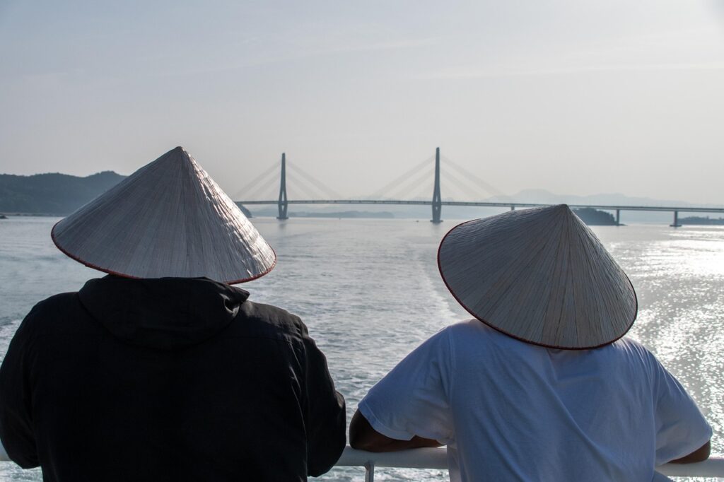 bridge, ship, sea, nature, hats, people